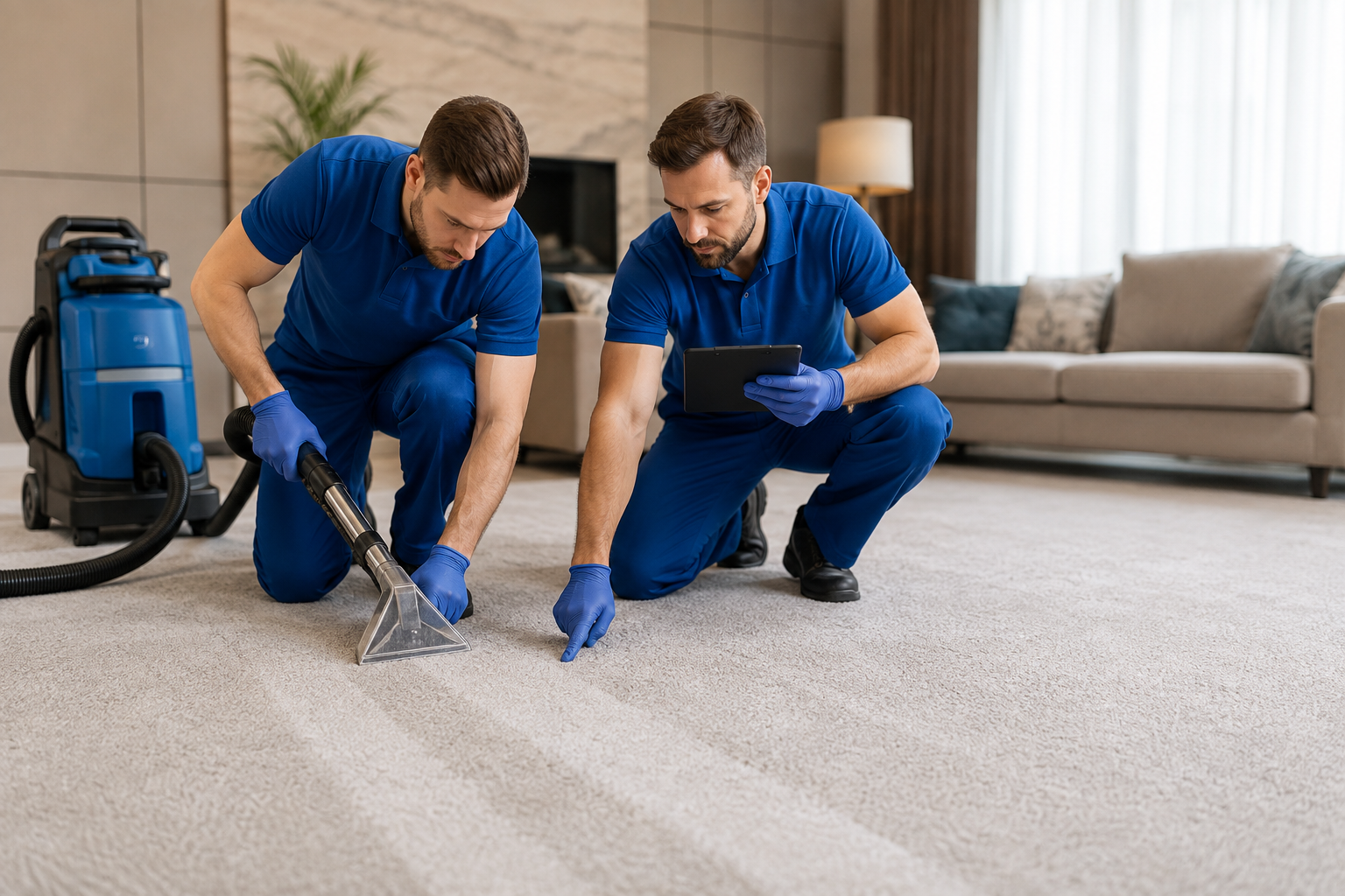 Professional Carpet Cleaning Plano TX experts inspecting carpet fibers